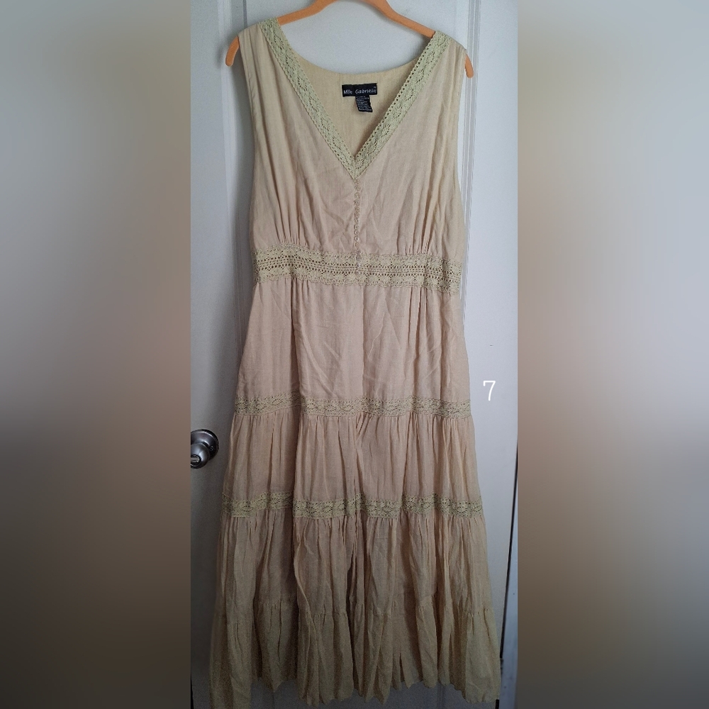 MLLE‎ GABRIELLE tan SMOCKED SEQUINED TIERED SLEEVELESS SLIP DRESS Sz 18w boho